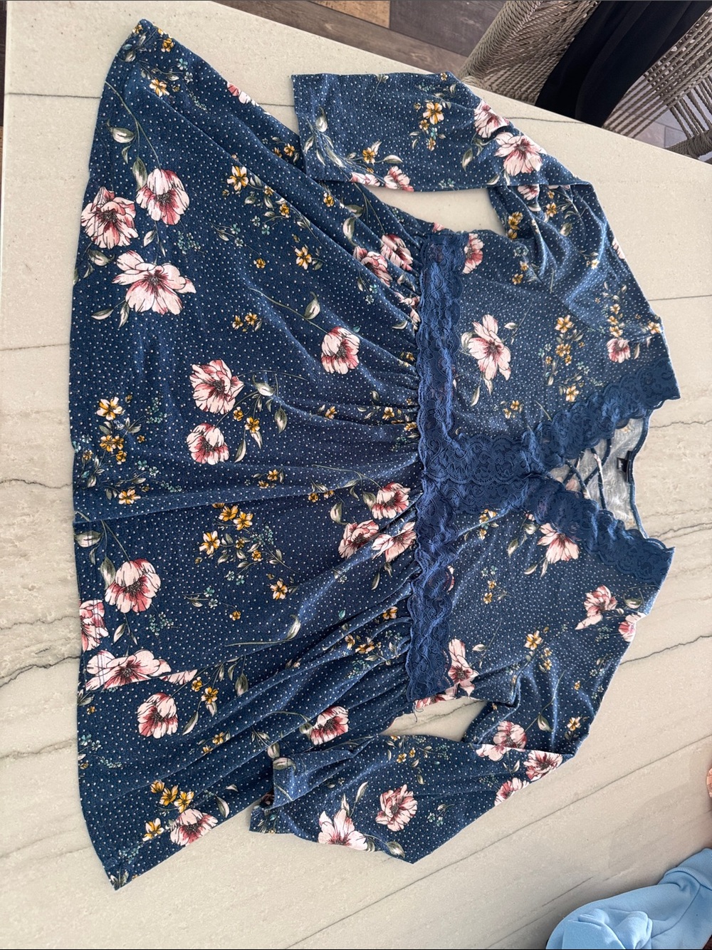 Floral Navy Lace-Trim Peasant Tunic